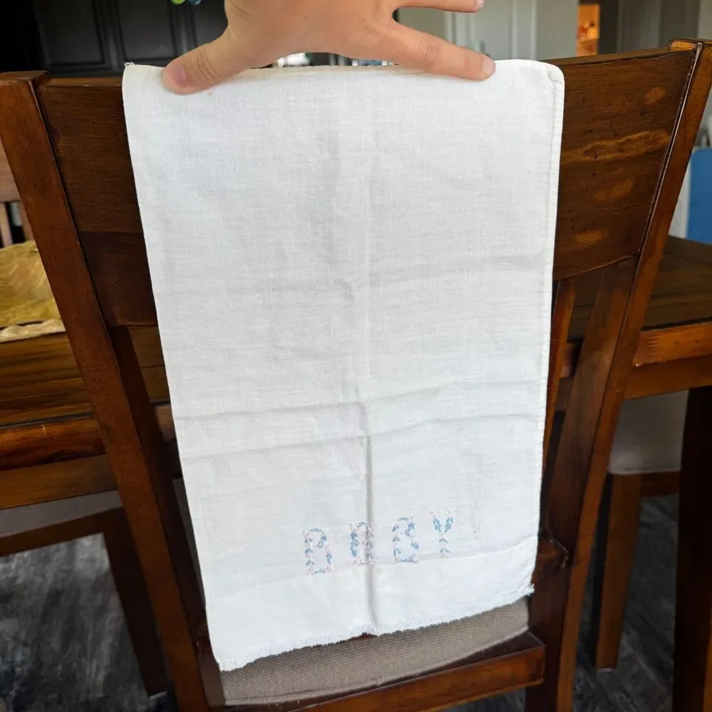 VTG Hand Embroidered Baby Pillowcase Monogrammed White Floral blue and pink